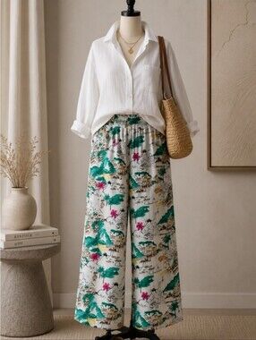 Women’s Tropical Linen Print Wide-Leg Pants - White/Green